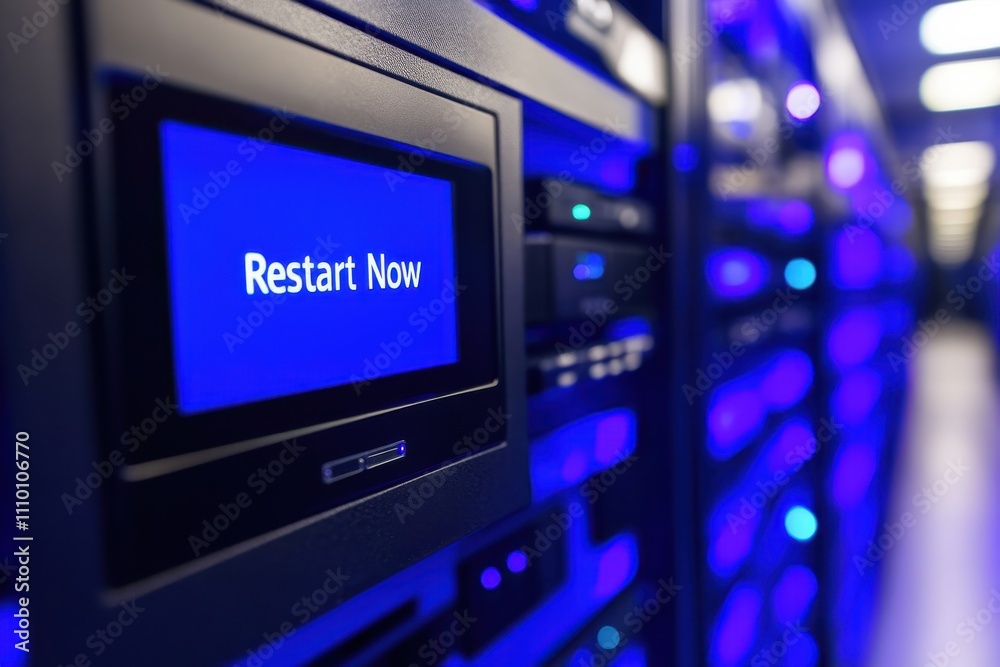 Close-Up View of Digital Server Interface Displaying Restart Now Command in a Modern Data Center Environment with Blue Backlighting