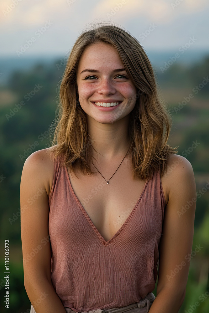 Woman with a serene smile, standing in front of a scenic landscape Woman with a serene smile, standing in front of a scenic landscape