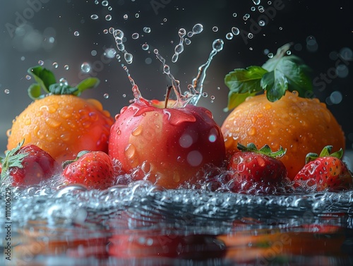 studio shot realistic photography, wide shot of a lot of fruit apple, strawburry, preach drop and sink into clear water with water bubble, water splash