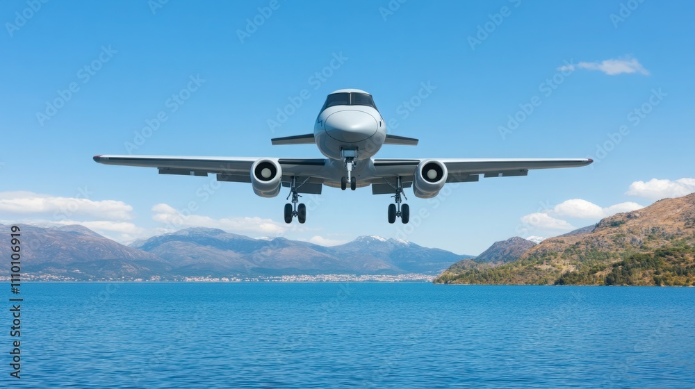 Naklejka premium A Modern Jet Aircraft Approaching Landing Over Calm Blue Waters with Scenic Mountains in the Background on a Clear Day