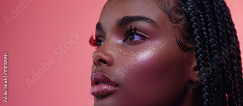 Beautiful woman with natural long black braids, dark eyelashes and lip gloss