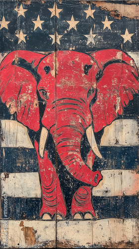 Vintage red Republican elephant USA flag background Classic political art symbolizing patriotism conservative values bold textured painting rustic American heritage texture closeup patriotic wallpaper photo