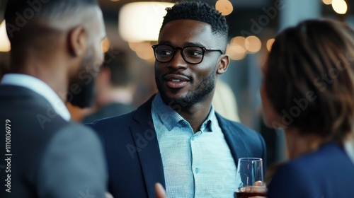 Men talking at a networking event, exchanging ideas and making professional connections