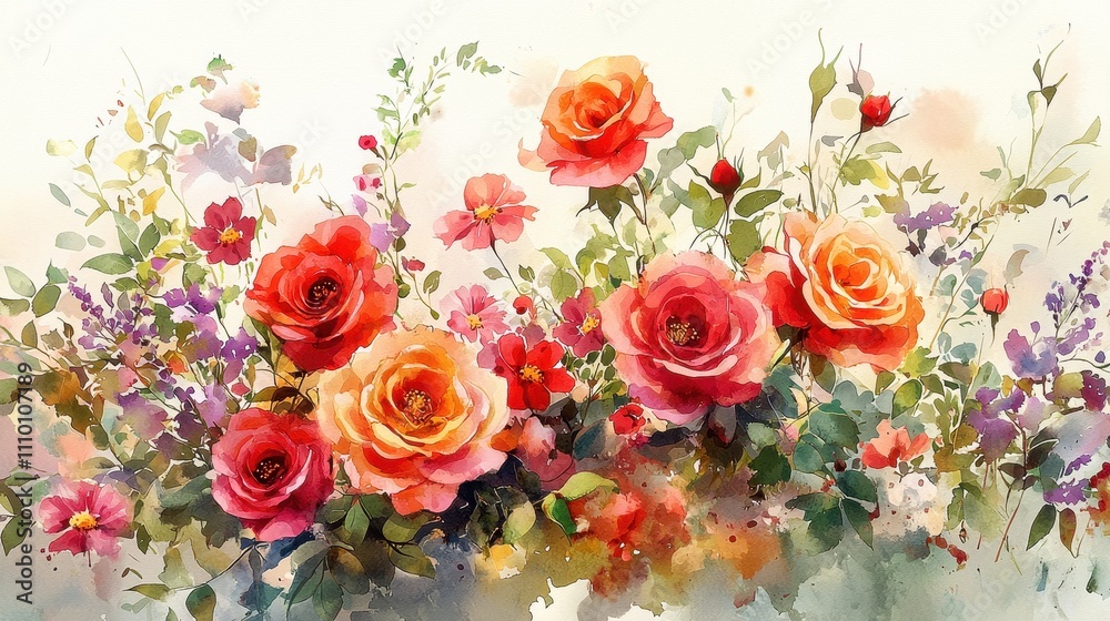 Fototapeta premium A vibrant watercolor floral composition with blooming roses and wildflowers in shades of red, pink, and lavender. The petals are painted with delicate textures, surrounded by green foliage in 