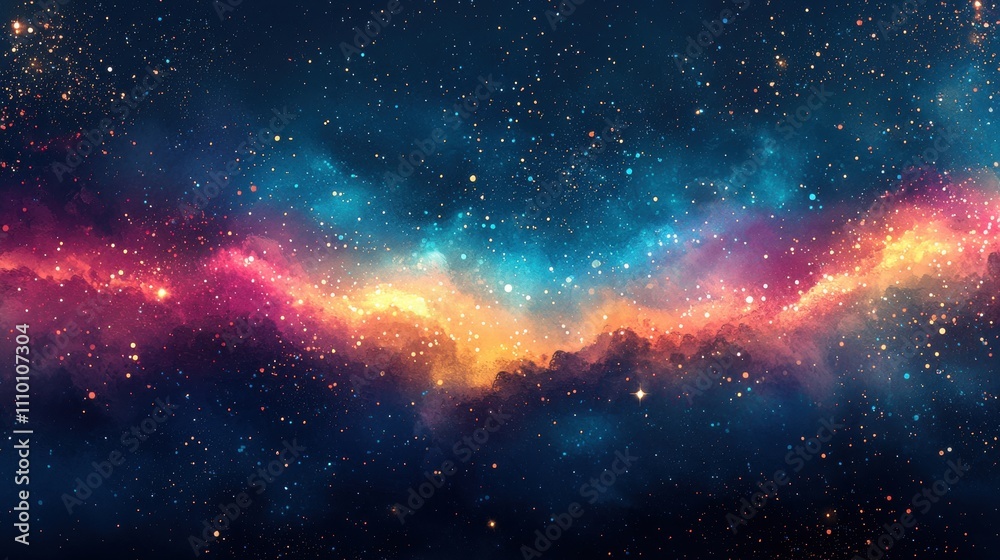 Obraz premium A vibrant watercolor night sky filled with stars and streaks of light in magenta, turquoise, and gold. The glowing brushstrokes and sparkling accents evoke a sense of awe and wonder. Perfect 