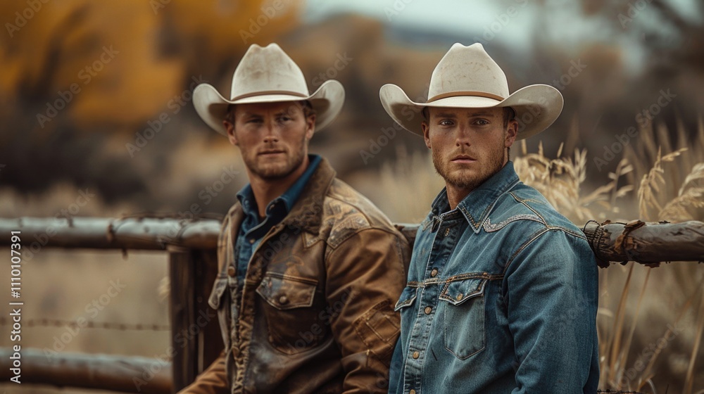 Two cowboys in denim jackets and cowboy hats in a rural setting Two cowboys in denim jackets and cowboy hats in a rural setting