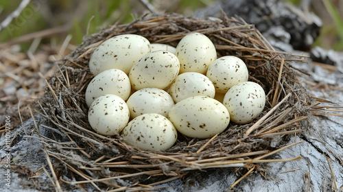 Bird's nest filled with speckled eggs.