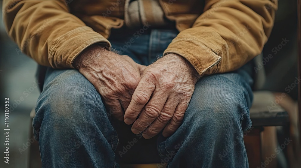Aged Hands Resting on Laps Wearing Denim and Corduroy Aged Hands Resting on Laps Wearing Denim and Corduroy