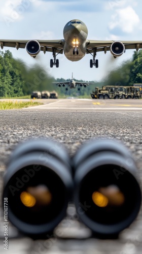 Military aircraft approaches runway with ground vehicles in preparation during daytime training exercise photo