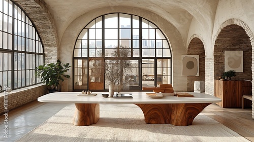 Modern Minimalist Living Room Interior Design with Large Windows and Unique Table
