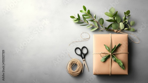 A beautifully wrapped gift in rustic brown paper, adorned with eucalyptus branches and twine, with scissors and extra twine resting on a concrete background.