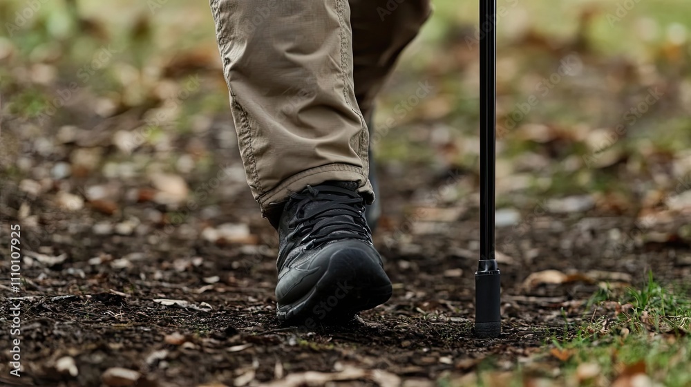 Person walking on a trail wearing hiking boots Person walking on a trail wearing hiking boots