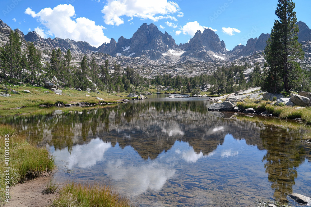 Fototapeta premium Mountain lake with still water mirroring the surrounding peaks