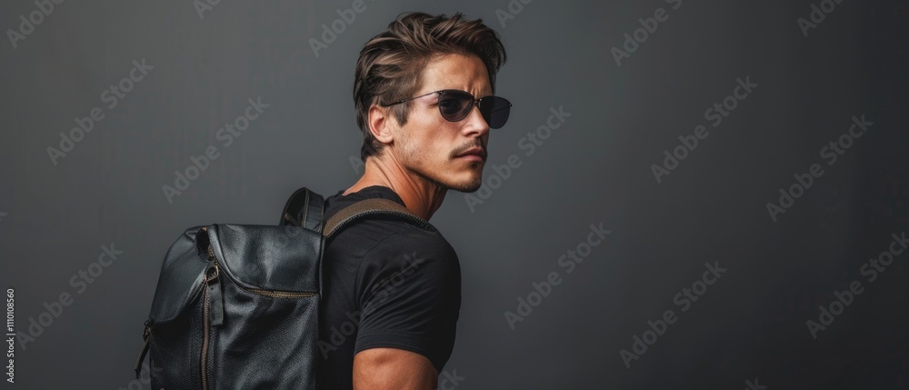 Fototapeta premium Man wearing sunglasses and leather backpack