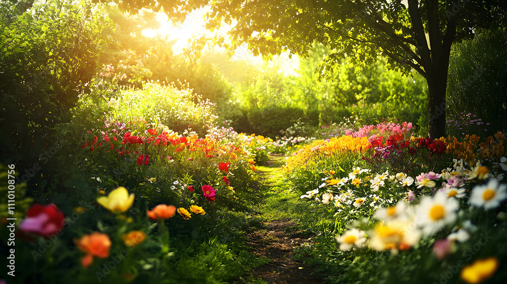Obraz premium Sunlit Springtime Flower Garden Pathway