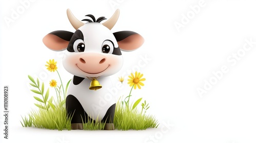 A cute cow in flat vector style, grazing with a bell around its neck, isolated on a white background with minimal farm-themed hints like grass or a fence. photo