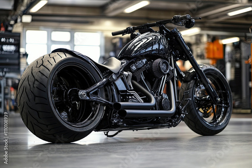 Custom bobber motorbike in a workshop garage photo