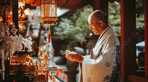 Japanese Priest Performing A Sacred Ritual At A Shrine photo