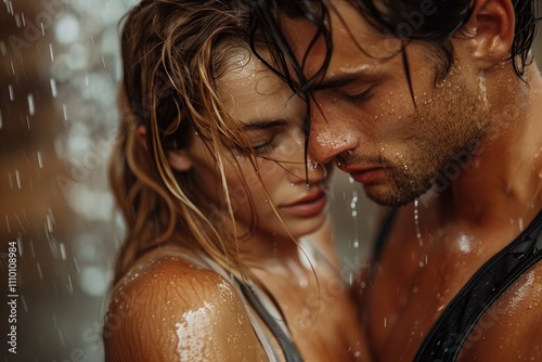 Wet couple embracing in rain