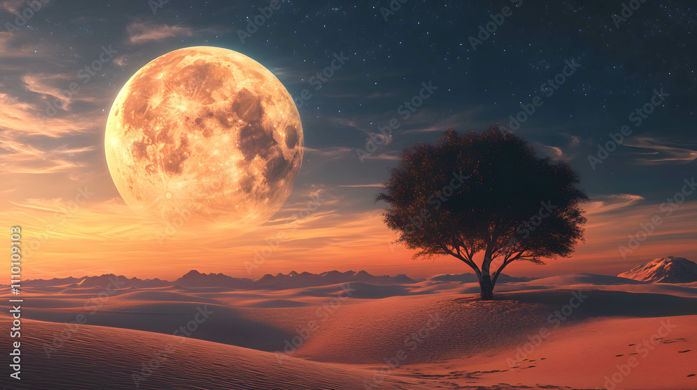 Surreal Desert with Lone Tree and Giant Moon Surreal Desert with Lone Tree and Giant Moon