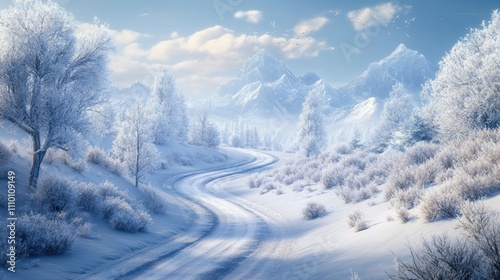 A winding road cuts through a snowy landscape, surrounded by frosted trees and mountains, creating a serene winter scene with untouched snow