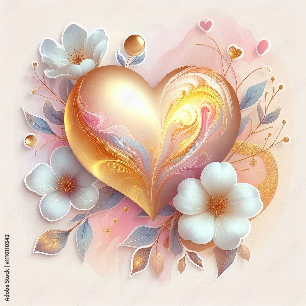 Obraz premium Valentine's Day illustration in the shape of a heart with pastel-colored flowers and leaves. The overall color palette is soft and soothing, featuring shades of golden, white, blue, pink, beige
