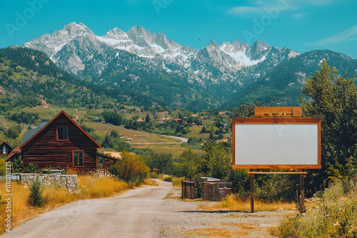 Blank billboard by mountain road, rustic cabin, scenic landscape. photo