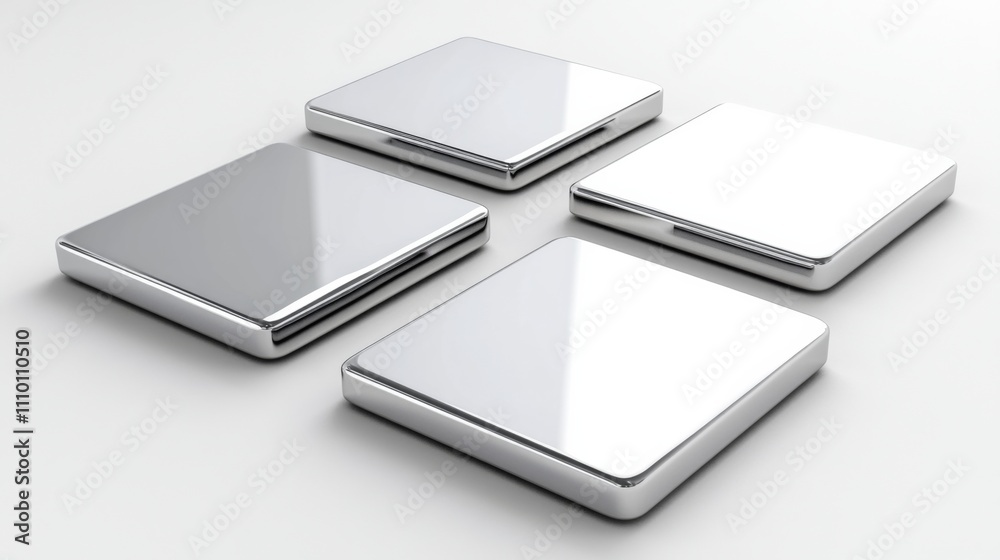 Shiny silver square coasters arranged neatly on a plain surface for decorative and functional use
