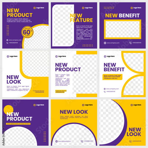 Modern Social Media Post Template Design in Yellow and Purple, Social Media Post Design Collection