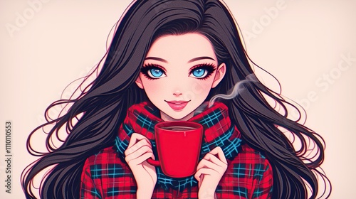 Anime girl with long dark hair, wearing a red and black plaid shirt, holding a steaming red mug.  Perfect for cozy autumn or winter themes.