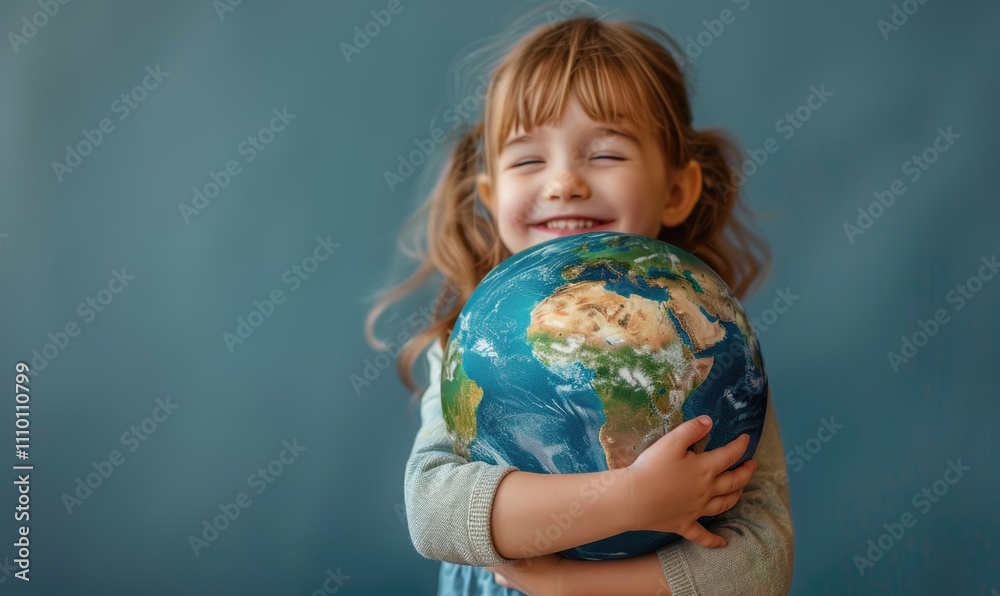Girl holding globe in front of blue background Girl holding globe in front of blue background