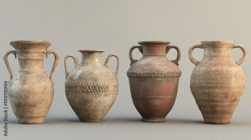 Ancient clay vessels set isolated on white background. Vector realistic illustration of traditional ceramic vase, jar, amphora with handles, antique pottery art, museum exhibit, home interior element Ancient clay vessels set isolated on white background. Vector realistic illustration of traditional ceramic vase, jar, amphora with handles, antique pottery art, museum exhibit, home interior element