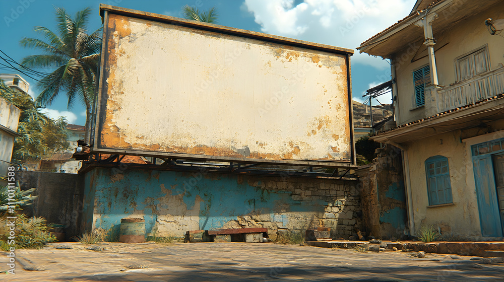 Blank billboard on weathered wall near tropical building. Blank billboard on weathered wall near tropical building.