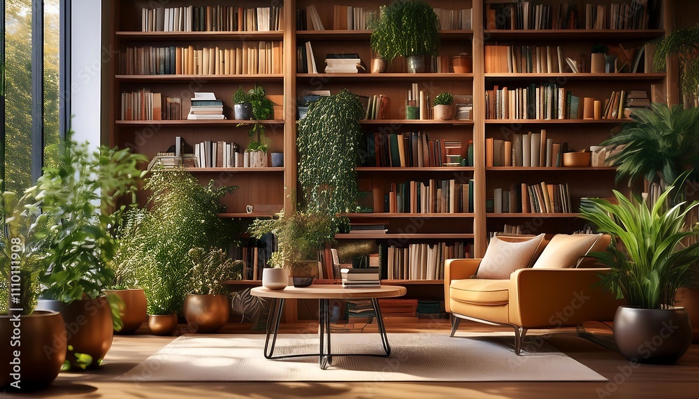 Cozy reading nook in lush green living space. Generative AI Cozy reading nook in lush green living space. Generative AI