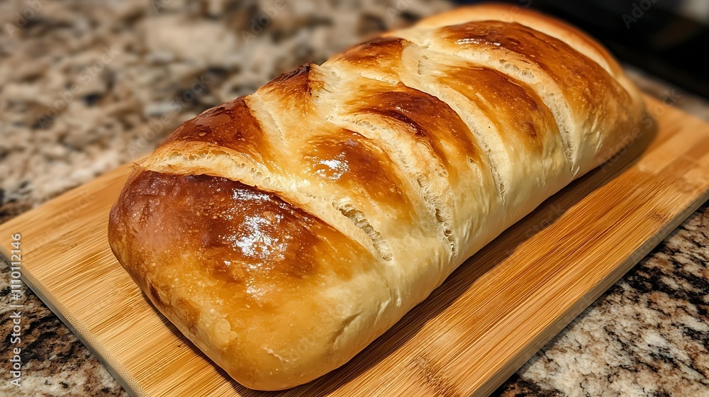 Golden-brown loaf of freshly baked bread on a wooden cutting board. (1) Golden-brown loaf of freshly baked bread on a wooden cutting board. (1)