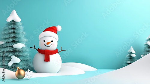 Festive 3D vector illustration of a cute snowman with a red scarf and a pine tree covered in snow, creating a magical winter holiday scene for a Christmas banner. photo