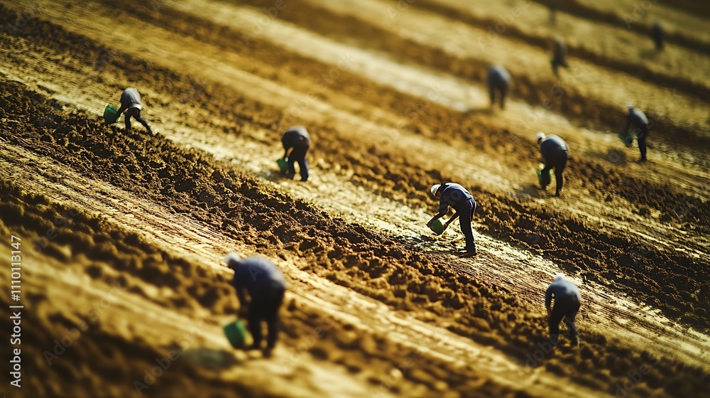 Obraz premium Aerial view of numerous farmers diligently planting crops in meticulously organized rows of a vast agricultural field.