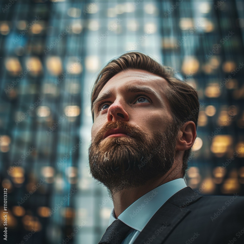 Man looking upward, contemplating the future. AI. Man looking upward, contemplating the future. AI.