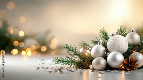 Flat lay view of a Christmas wreath crafted from fresh fir branches, with sparkling white and silver ornaments, confetti, and a soft bokeh light effect in the background