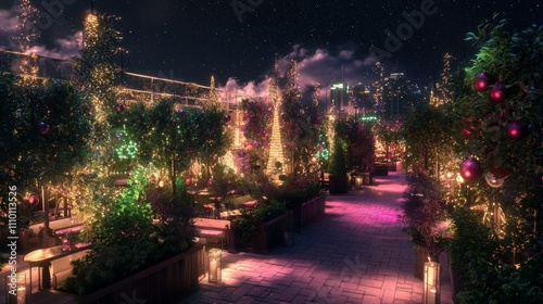 Festive Cyberpunk Rooftop Garden - A 3D Rendered Holiday Wonderland with Glowing Plants and Christmas Celebration for Unique Festive Atmosphere Under the Stars