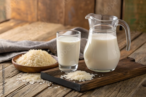 Jug and glass filled with fresh rice milk on wooden table with rice grains photo