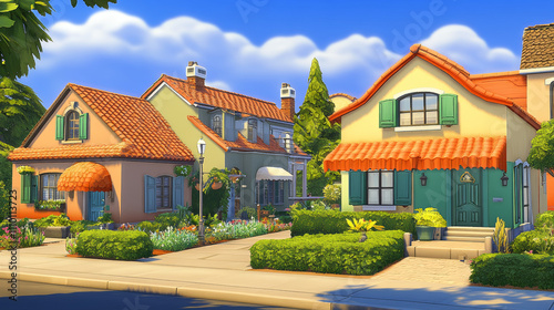 Suburban residential buildings with distinctive colorful exterior designs. Cartoon two story mansions with orange roofs, multiple windows, chimneys, front entrance awning surrounded by green bushes.