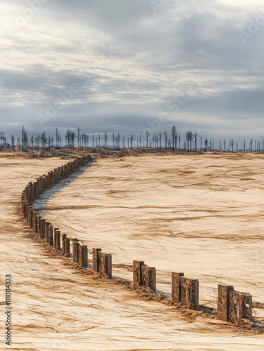 Landscape of desolation featuring weathered wooden posts along a barren terrain under cloudy skies