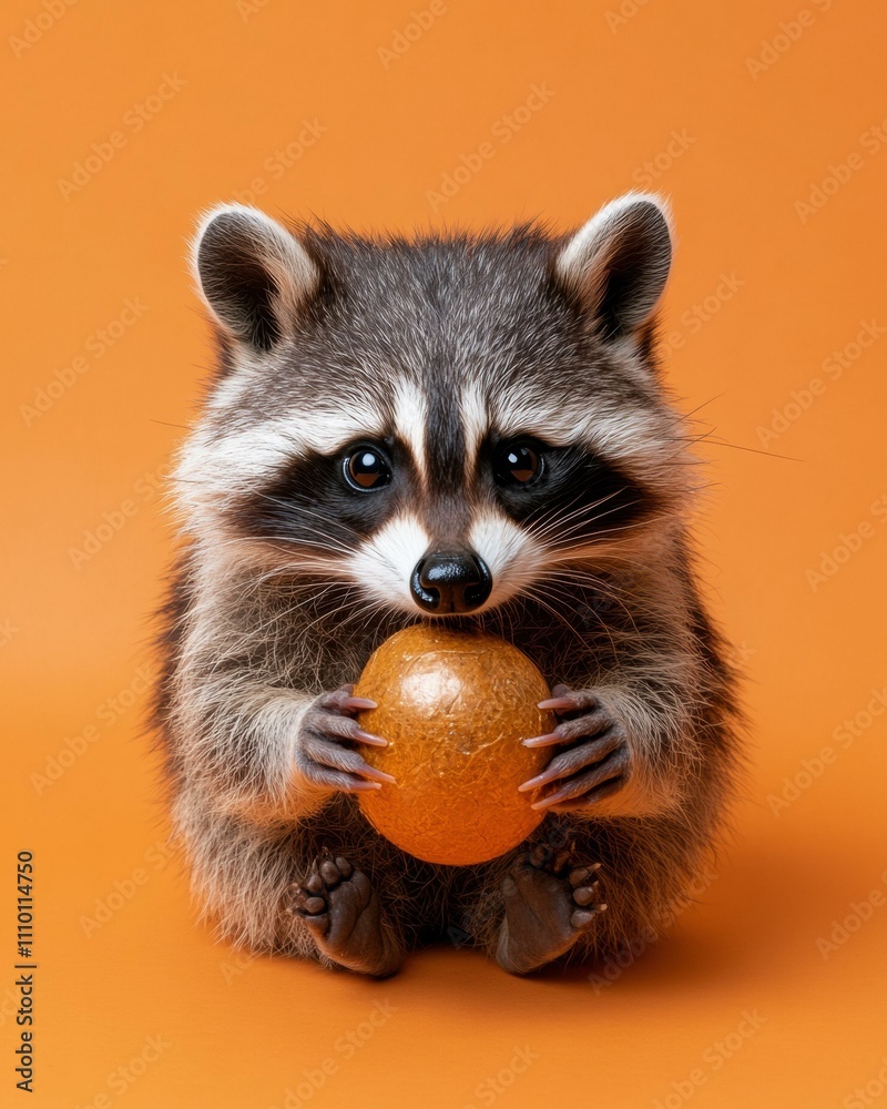 Fototapeta premium A cute raccoon holding a round object. AI.