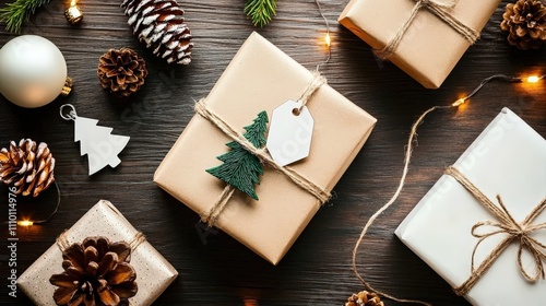 Natural and festive Christmas gift wrapping with brown paper, twine, pinecone decor, and Christmas tree tags, arranged on a rustic wooden table. photo