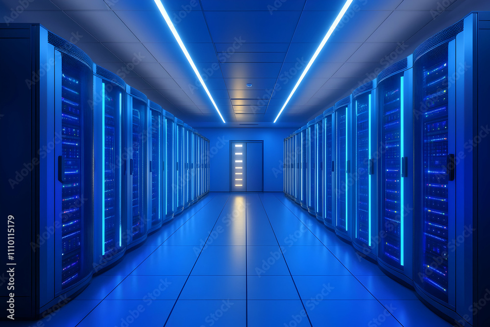 Blue-lit server room with rows of data storage racks. Blue-lit server room with rows of data storage racks.