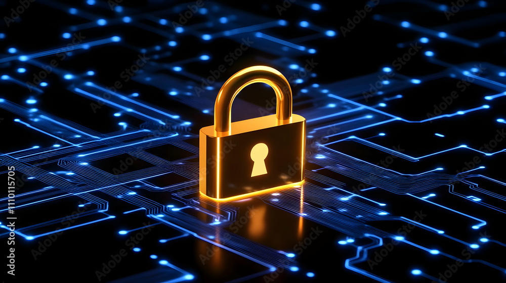 Golden Padlock on Circuit Board 3D Illustration Golden Padlock on Circuit Board 3D Illustration