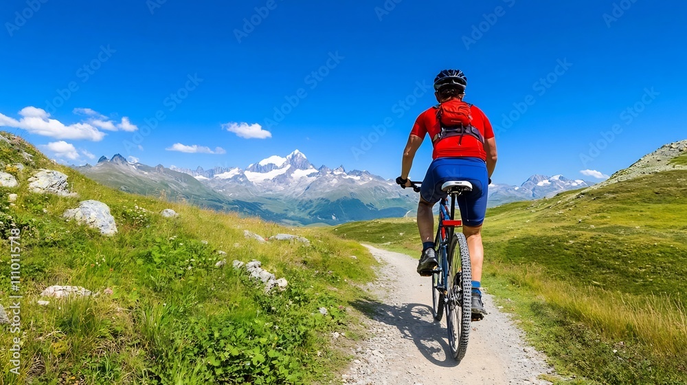 Cyclist Riding Through Scenic Mountain Path Under Clear Blue Skies Cyclist Riding Through Scenic Mountain Path Under Clear Blue Skies