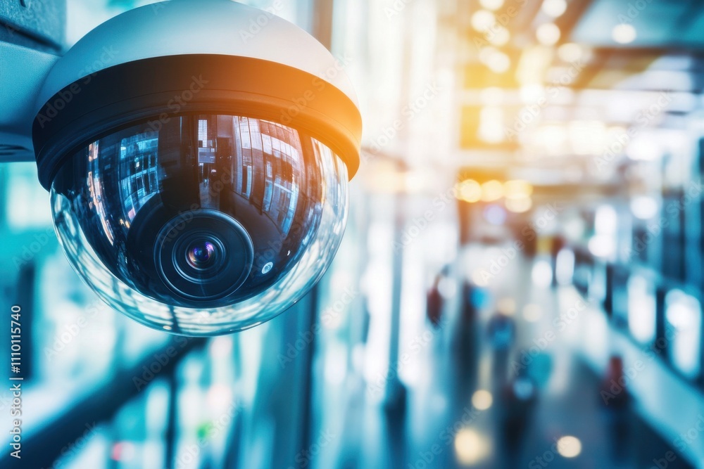 High-Tech Security Camera Monitoring Indoor Space with Modern Architecture and Blurred Background, Emphasizing Surveillance and Safety in Contemporary Environments High-Tech Security Camera Monitoring Indoor Space with Modern Architecture and Blurred Background, Emphasizing Surveillance and Safety in Contemporary Environments