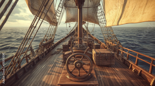 Old pirate ship deck view with steering wheel background. Wood sail boar in sea. Antique galleon vessel with net and treasure chest. Summer adventure on battleship game landscape illustration photo